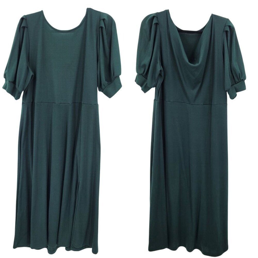 Eloquii Womens Forest Green Midi Dress Sz 16 Side Slit Puff Sleeves Draped Back